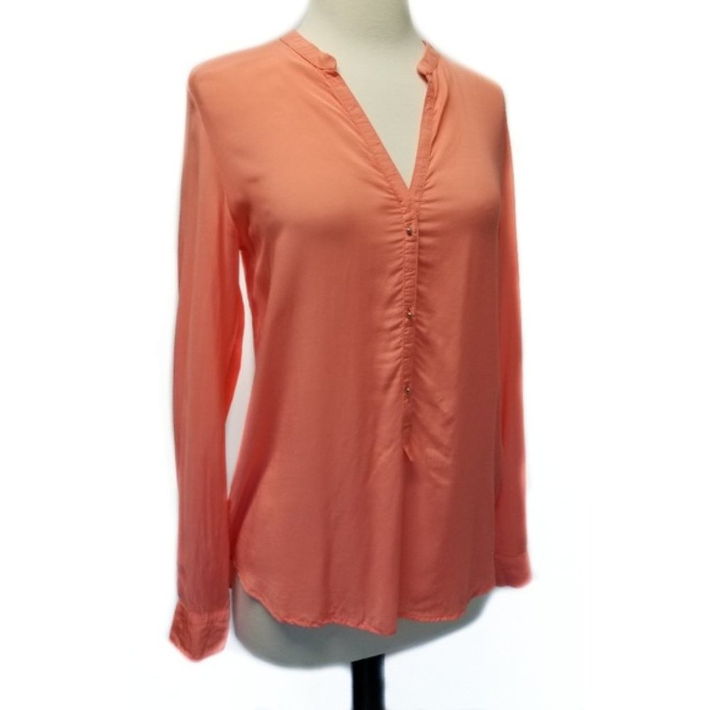ZARA Coral Pink Long Sleeve V Neck Blouse Size S